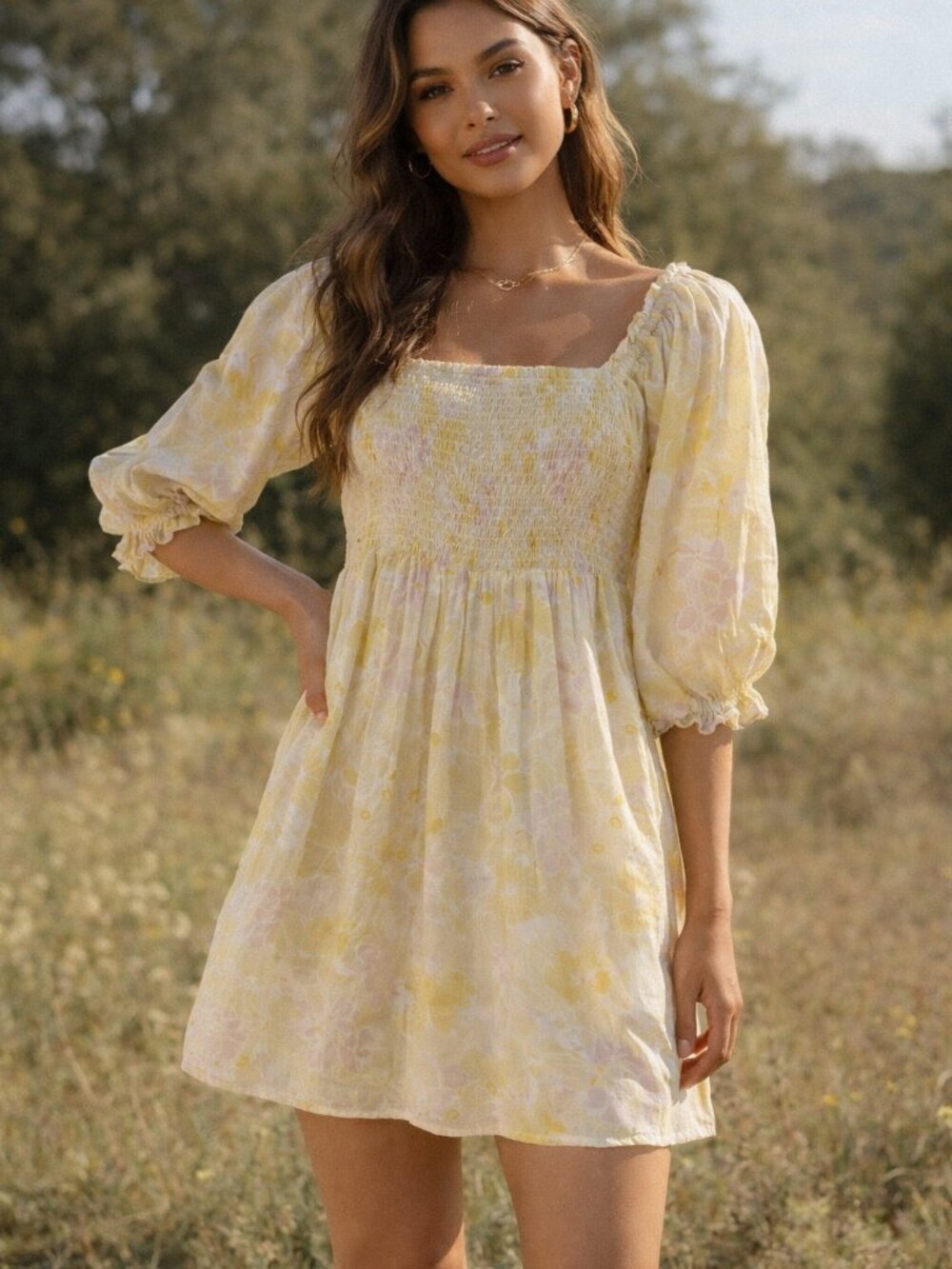 Billabong Butter Yellow and Pink Smocked Groovy Flower Dress